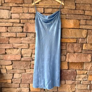 Y2K Bebe L Light Blue Floral Jacquard Satin Cowl Neck Midi Slip Dress Coquette